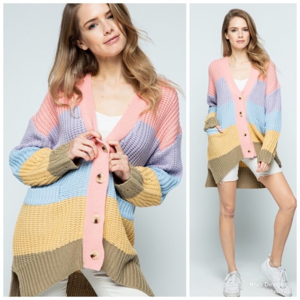 Multi Stripe Relaxed Fit Button Down Cardigan! - Picture 1 of 2